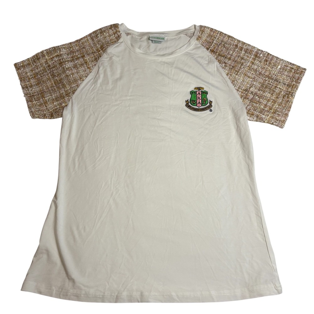 Ivy Storehouse AKA Tweed Sleeve T-Shirt Sorority Green Pink Gold‎ Tweed S